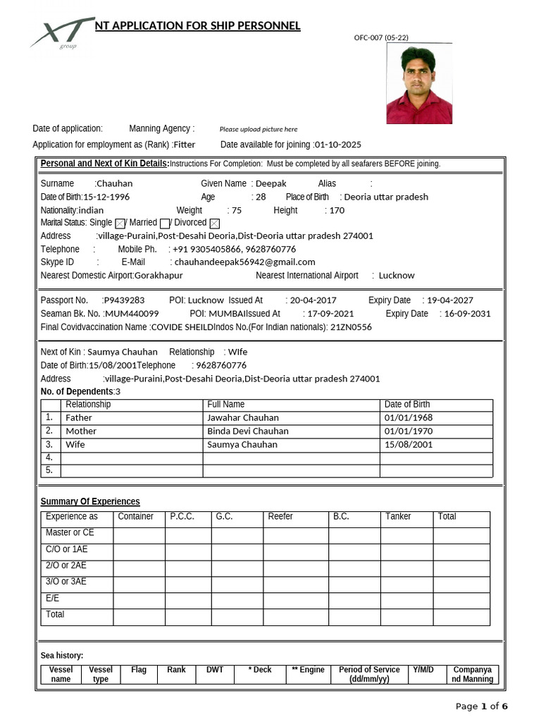Ship Personnel Employment Application | PDF | Ships | Freight Transport