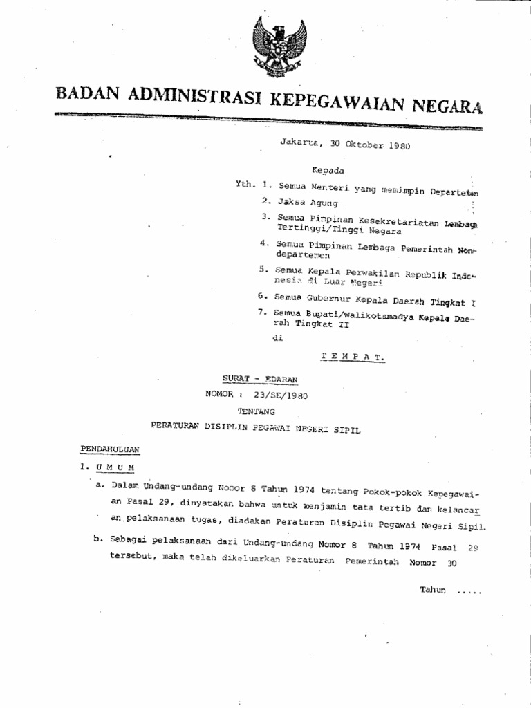 Surat Edaran Kepala Bkn Nomor 23 Tahun 1980 Tentang Peraturan Disiplin Pegawai Negeri Sipil