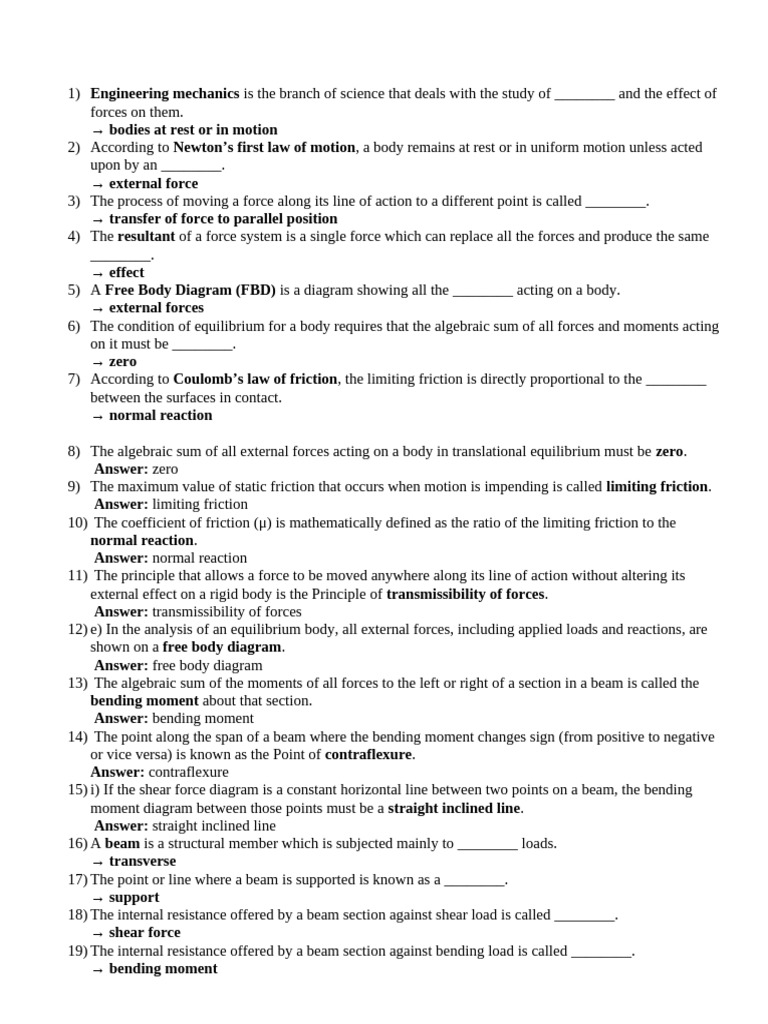 MCQS, Fill in The Blanks & TF Unit 3 & Unit 4 | PDF | Force | Bending