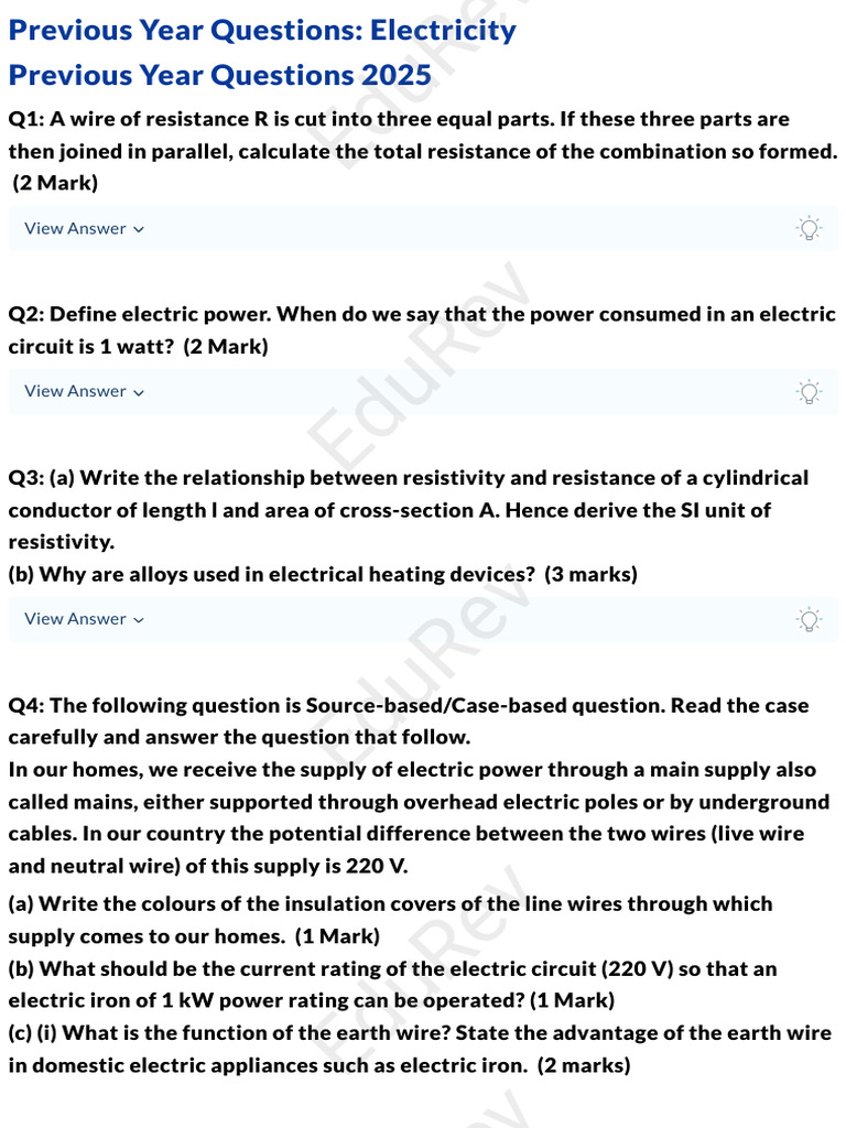 Electricity Previous Year Questions 2025 | PDF | Series And Parallel ...