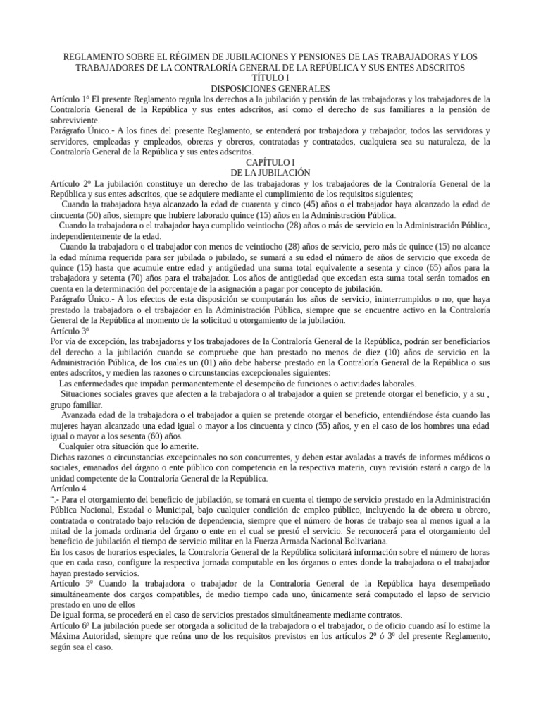 Reglamento Sobre El Régimen de Jubilaciones y Pensiones CGR | PDF ...