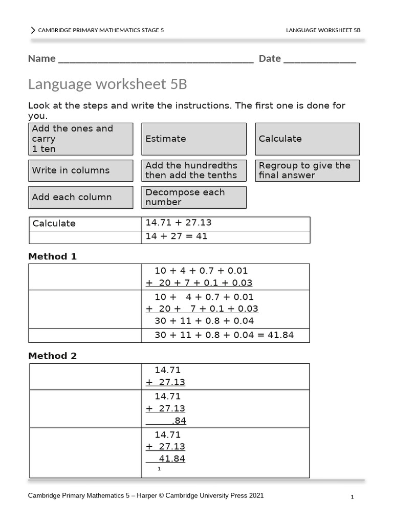 Cambridge Primary Math Stage 5 Worksheet | PDF