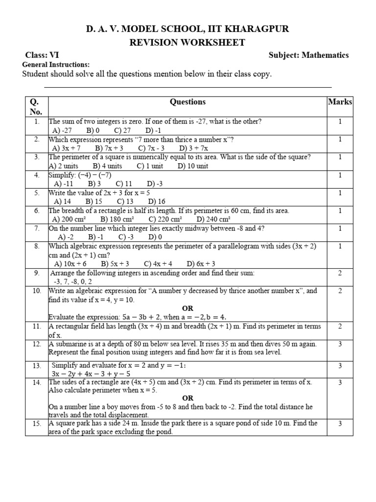 Class VI Math Revision Worksheet | PDF | Area | Length