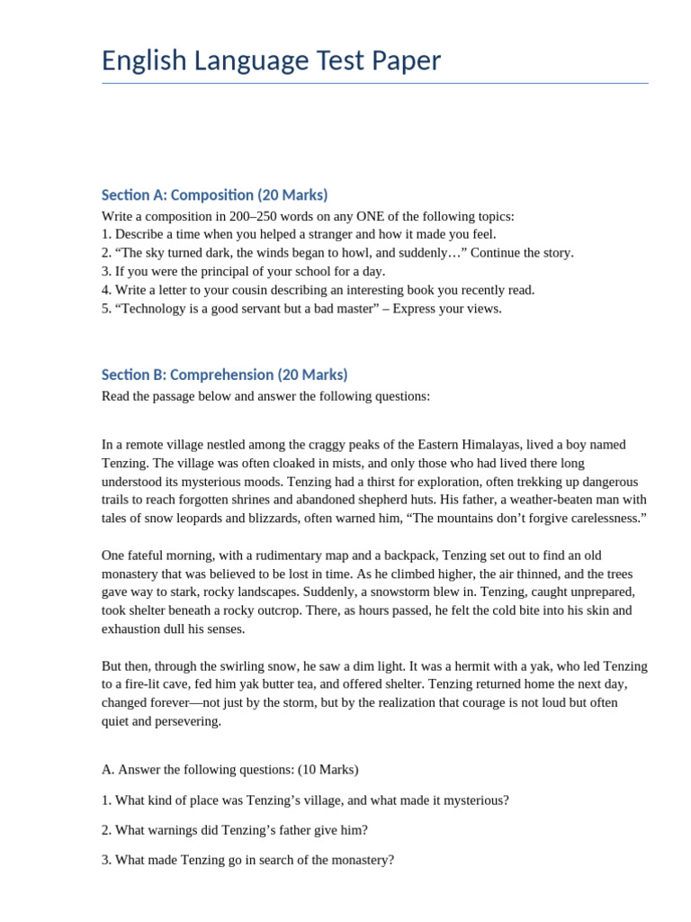 English Language Test Paper Guide | PDF | Noun | Adjective