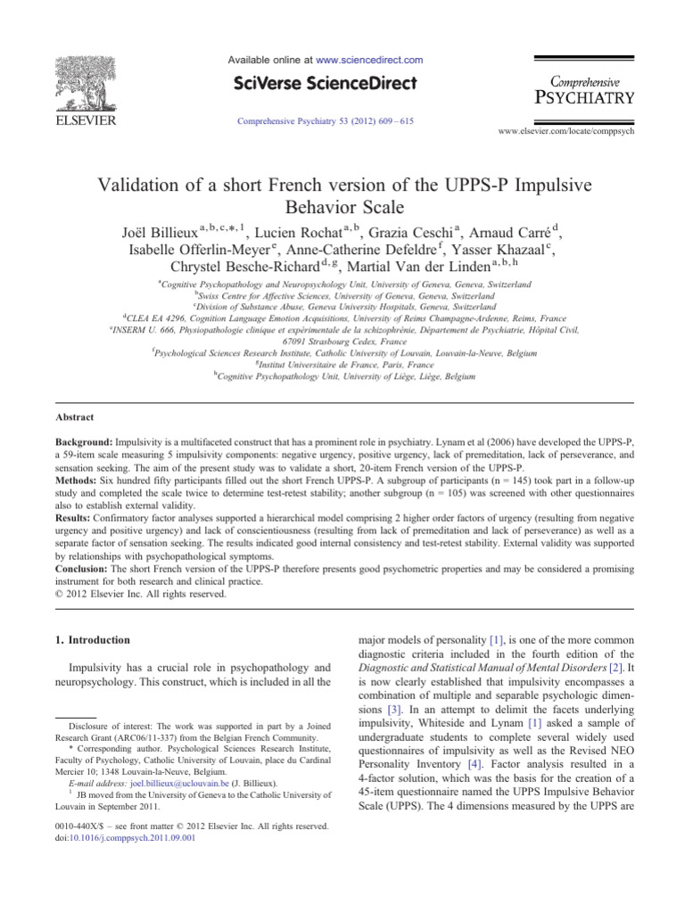 Validation of Short French UPPS-P Scale | PDF | Impulsivity | Psychology