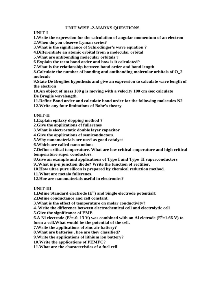 Unit Wise 2 - Marks Questions | PDF | Molecular Orbital | Electrochemistry