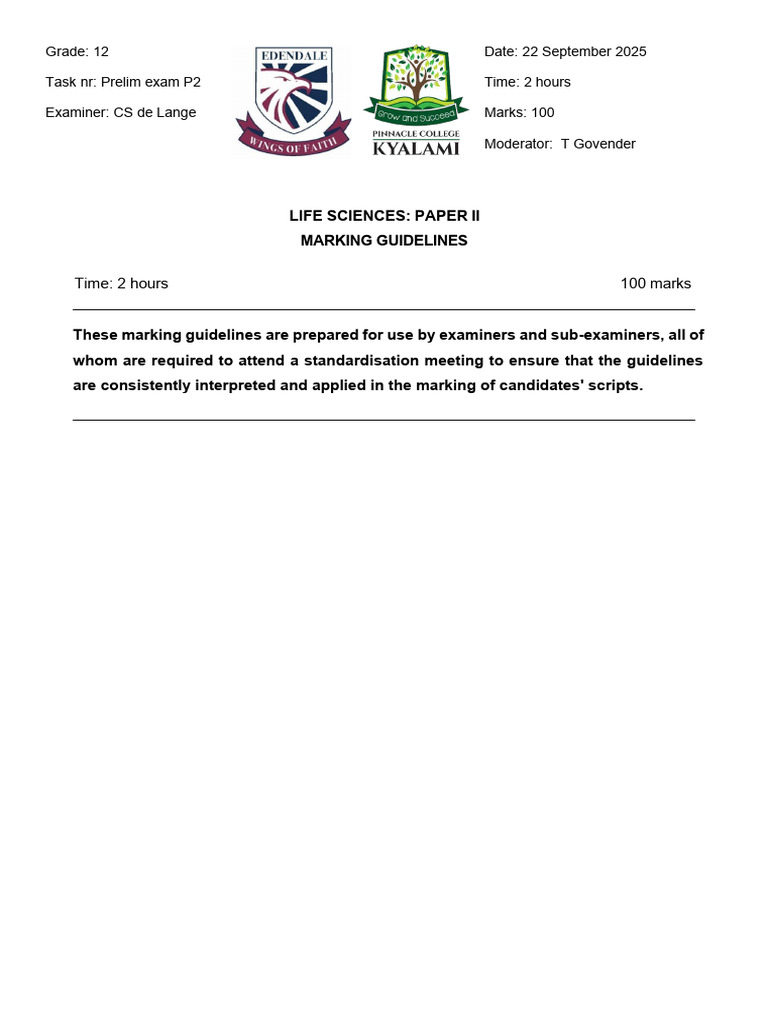 Life Sciences Grade 12 Prelim P2 2025 Final Marking Guidelines | PDF ...