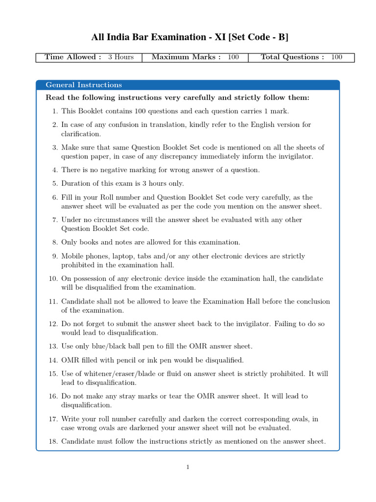All India Bar Exam XI Set B Instructions | PDF | Guarantee | Public Law