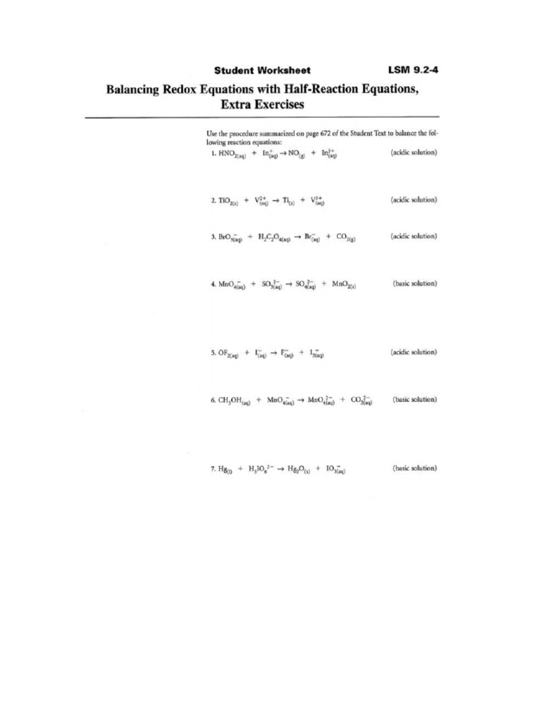 Balancing REDOX by Half RXN WS 1 Side 1 | PDF