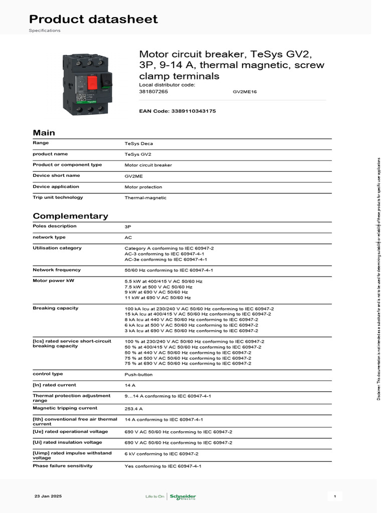 TeSys GV2 Motor Circuit Breaker 9-14A | PDF | Alternating Current ...