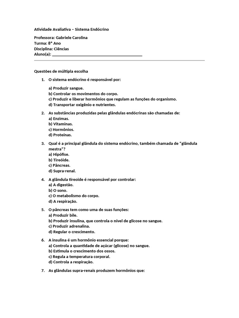 Atividade Avaliativa - Sistema Endocrino 8 Ano | PDF