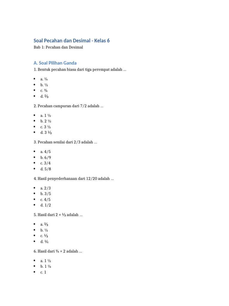Soal Pecahan dan Desimal Kelas 6 | PDF