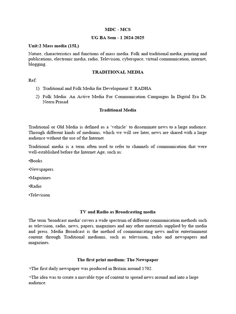 Unit-2 Traditional Media.docx | PDF | Newspapers | Mass Media