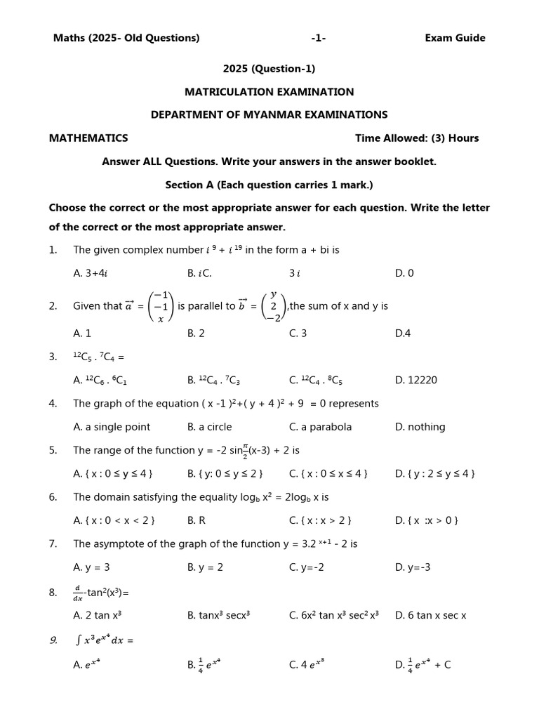 2025 Myanmar Matriculation Maths Exam Guide | PDF | Cartesian ...