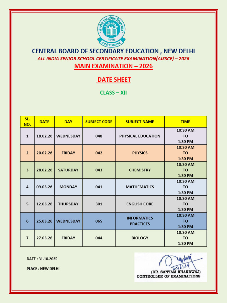 AISSCE 2026 Class XII Date Sheet | PDF
