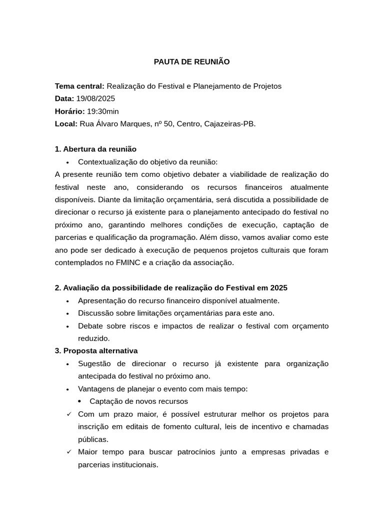 Pauta de Reunião | PDF | Planejamento