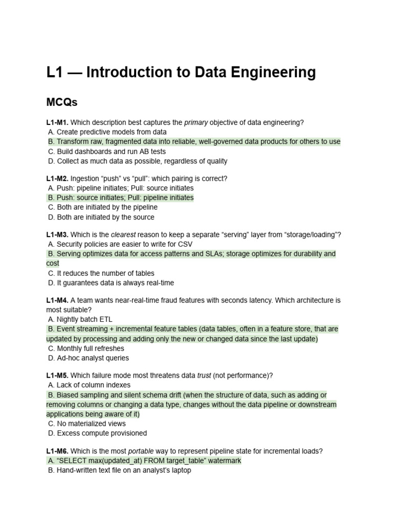 Data Engineering MCQs and Answers | PDF | Database Index | No Sql