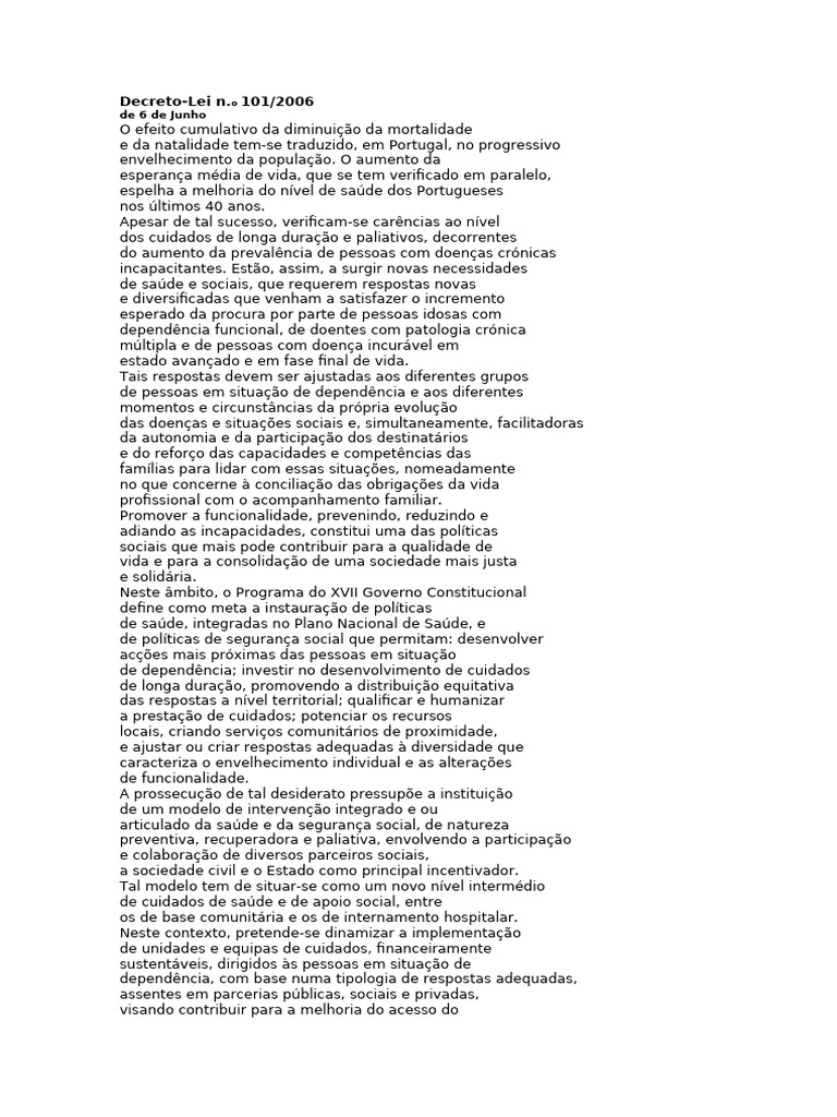 Cuidados Continuados em Portugal: Decreto-Lei 101/2006 | PDF | Cuidado ...