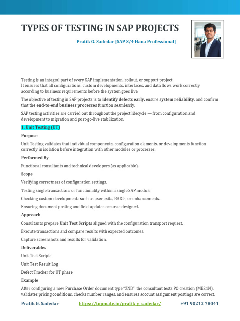 Types of Testing in SAP Projects PratikSadedar 1759850502 | PDF | Unit ...