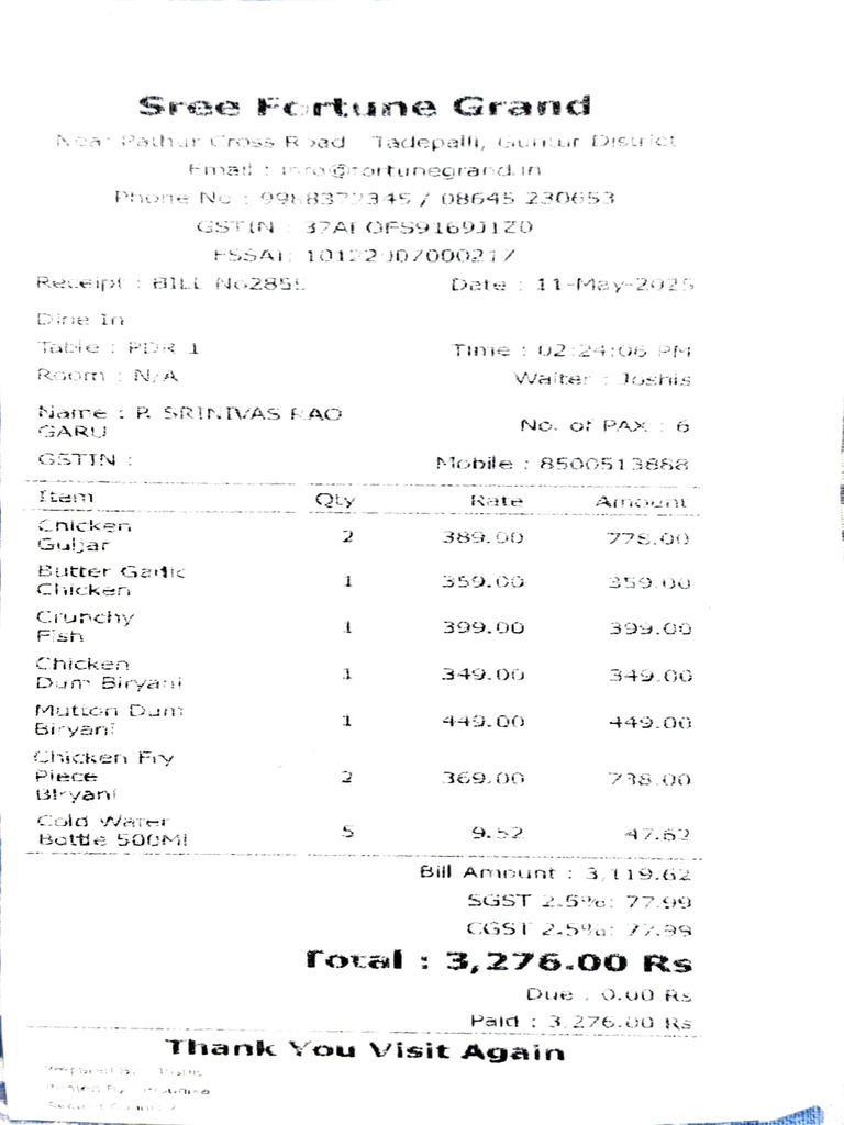 Restaurant Bill Receipt Summary | PDF