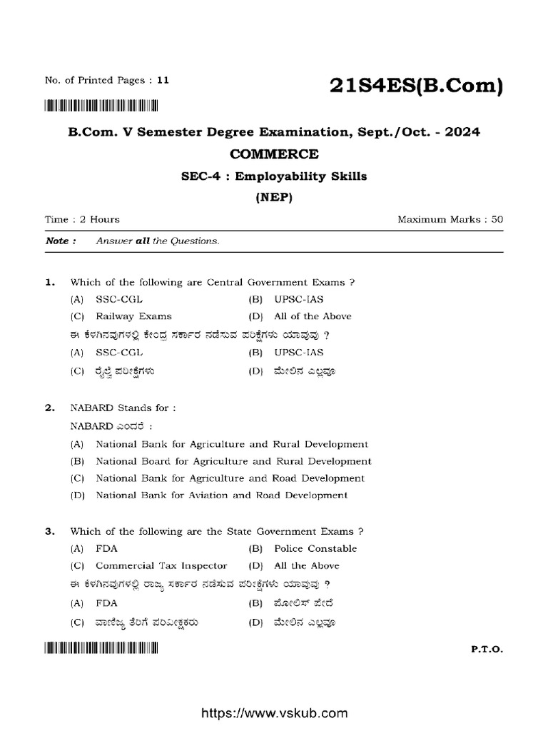 Bcom 5 Sem Commerce Employability Skills 21s4es Oct 2024 | PDF