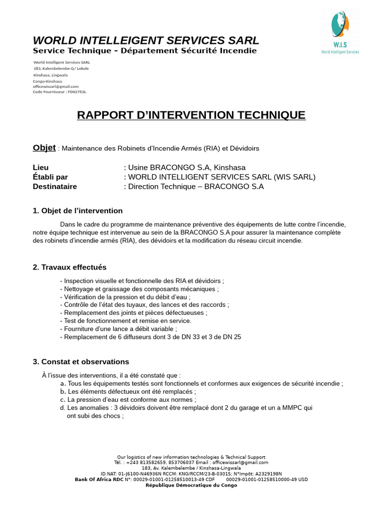 Rapport de Maintenance des RIA à BRACONGO | PDF