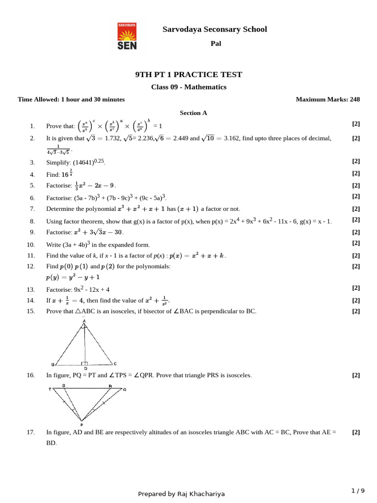 9th Grade Math Practice Test | PDF | Elementary Geometry | Euclidean ...