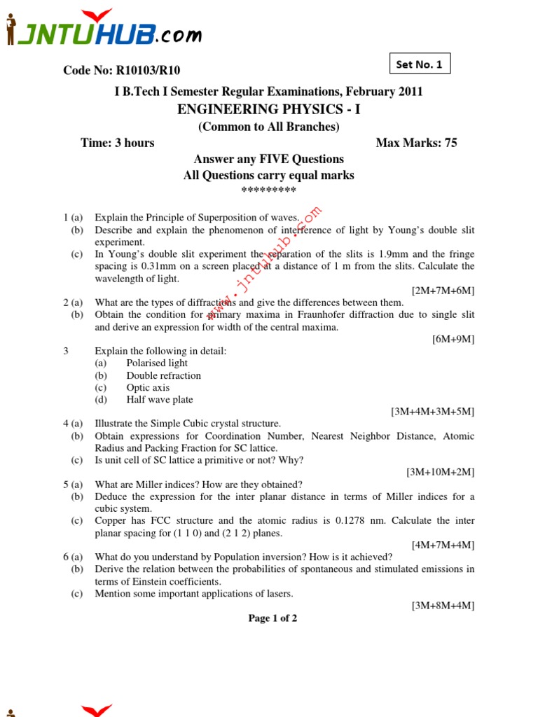 Engineering Physics I Set No. 1 PDF Diffraction Optics