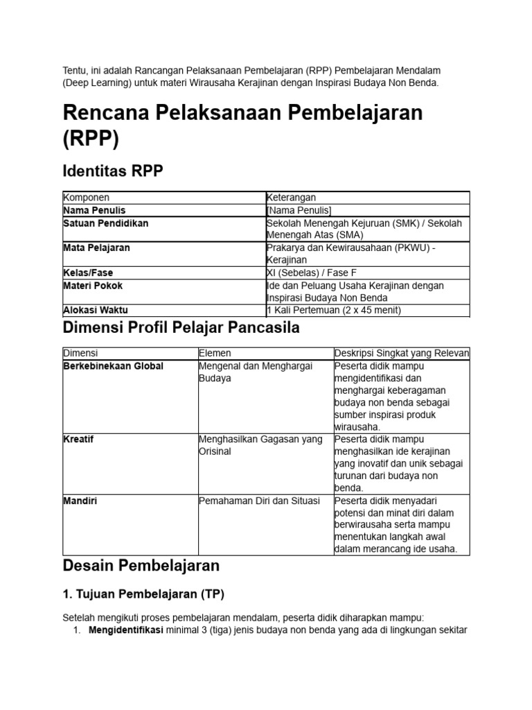 RPP Deep Learning Wirausaha Kerajinan | PDF