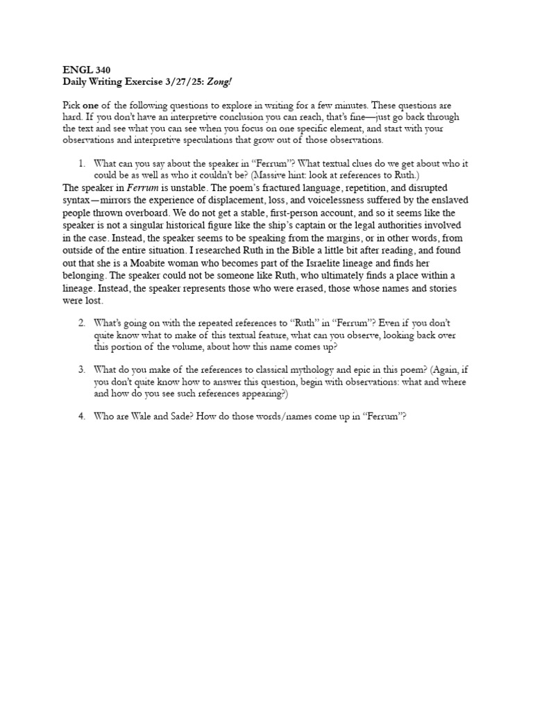ENGL 340 Daily Writing Exercise 3-27-25 Zong! | PDF