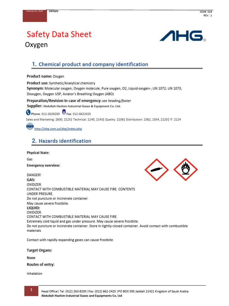 MSDS O2 English | PDF | Oxygen | Fires