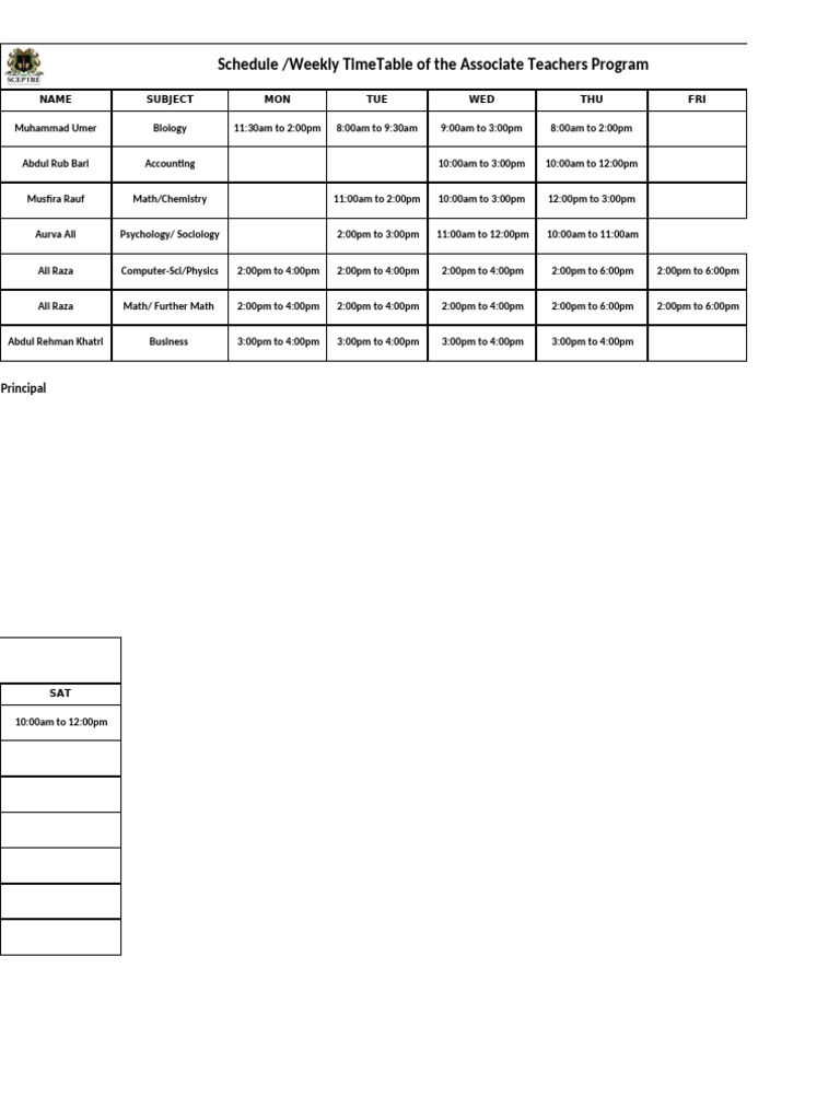 Weekly Timetable for Associate Teachers | PDF