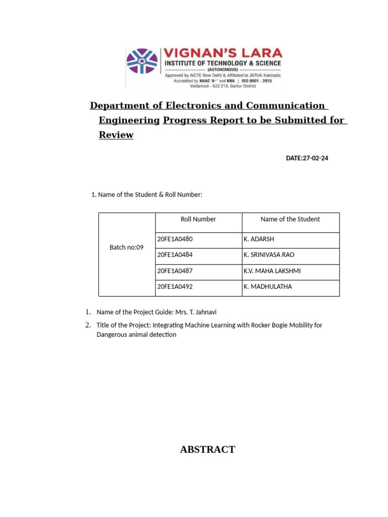 Department of Electronics and Communication Engineering Progress Report ...