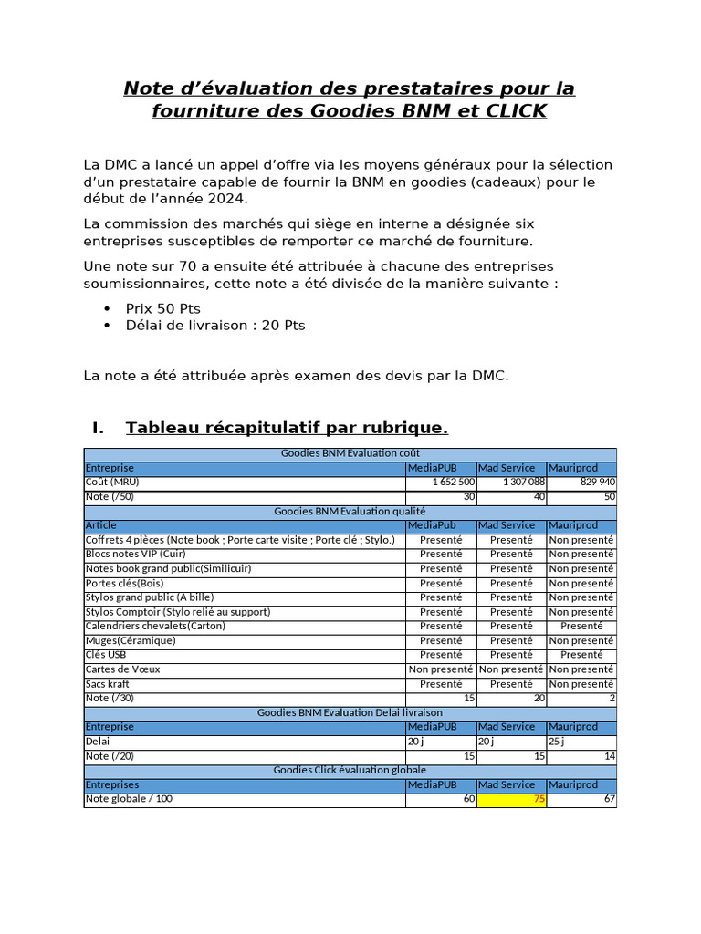 Évaluation des prestataires Goodies BNM et CLICK | PDF