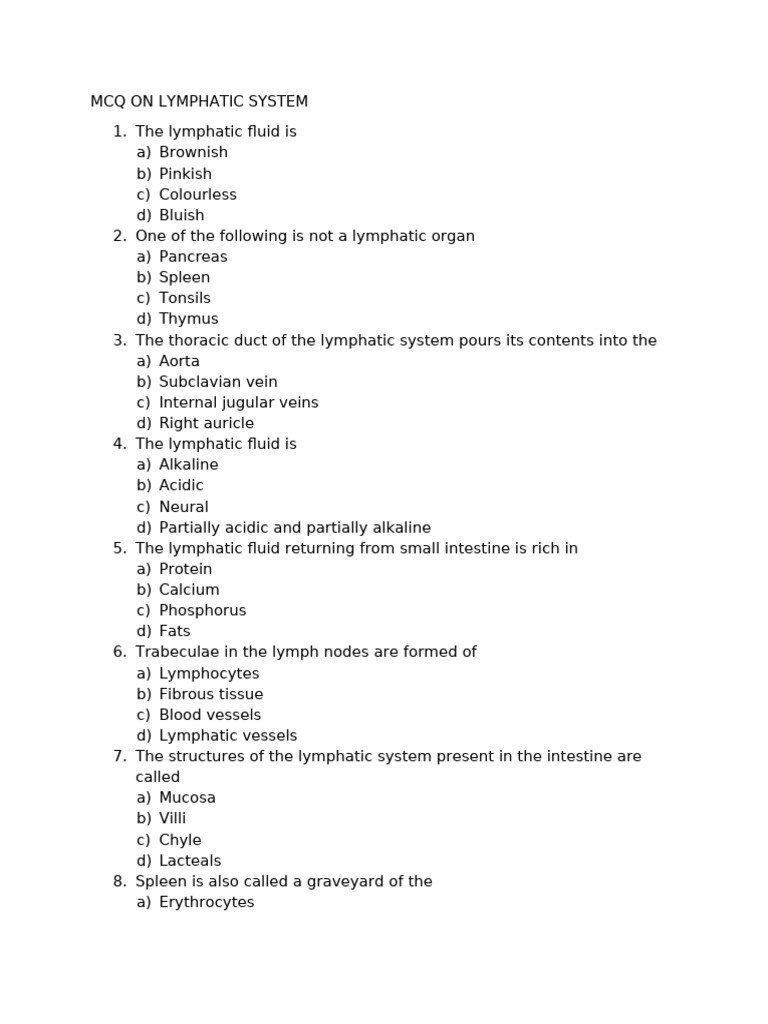 Lymphatic System MCQ Quiz | PDF