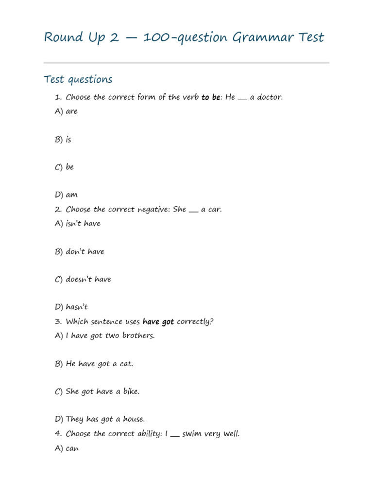 Round Up 2 - 100-Question Grammar Test | PDF | Plural | Grammatical Number