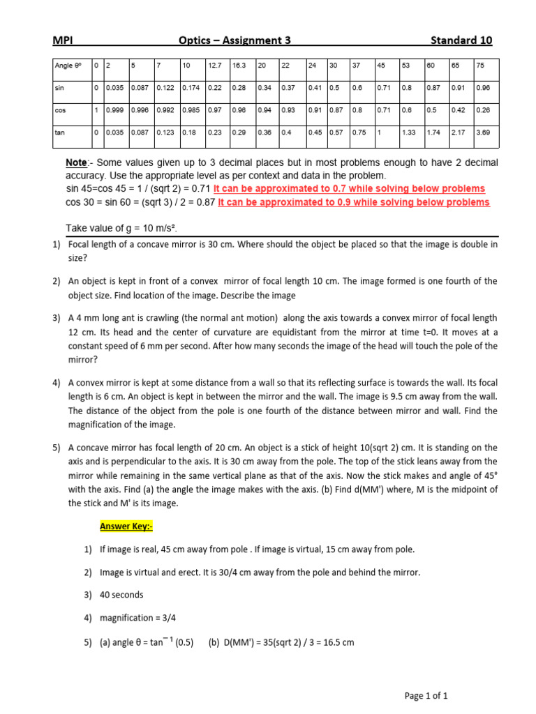 Optics Assignment: Mirror Calculations | PDF | Mirror | Optics