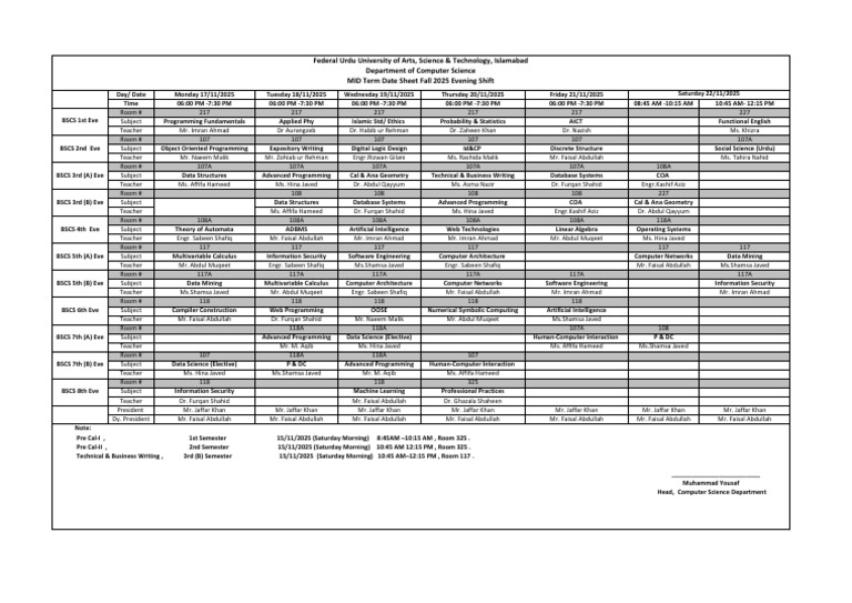 V2.0 MID Term Date Sheet Fall 2025 Evening Shift | PDF | Computing ...