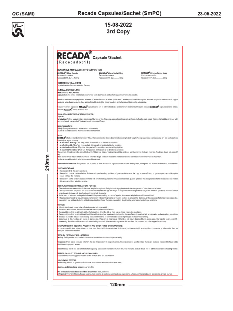Recada Capsules and Sachets for Diarrhea | PDF | Diarrhea | Medical ...
