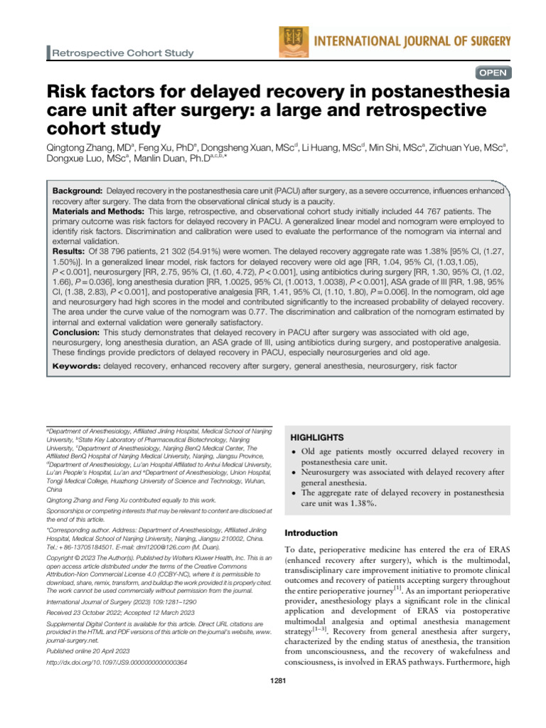 Risk Factors for Delayed Recovery in PACU | PDF | Cohort Study | Medicine