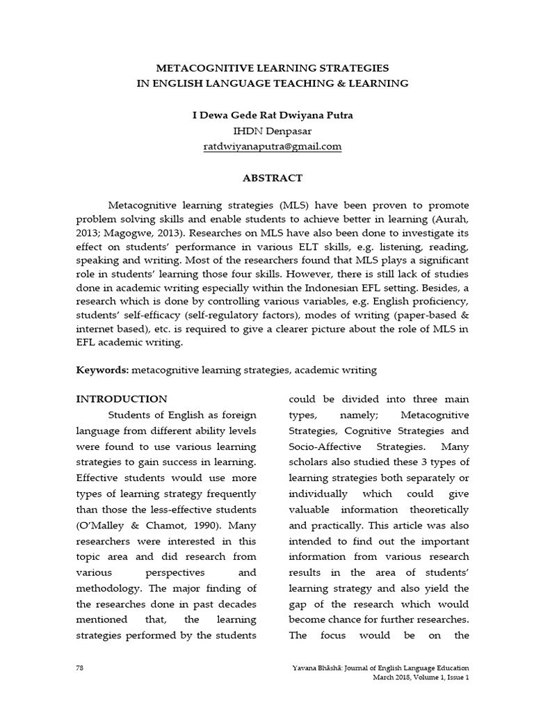 Metacognitive Strategies in ELT | PDF | Metacognition | Learning