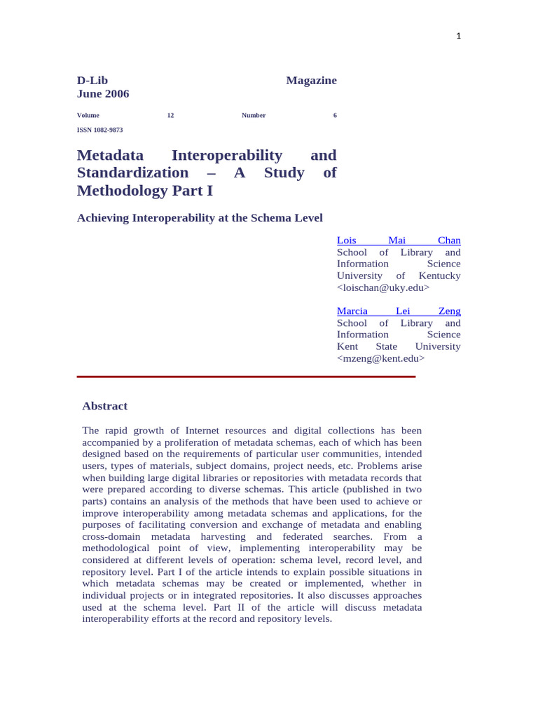 Metadata Interoperability and Standadization A Estudy of Methology 1 e ...