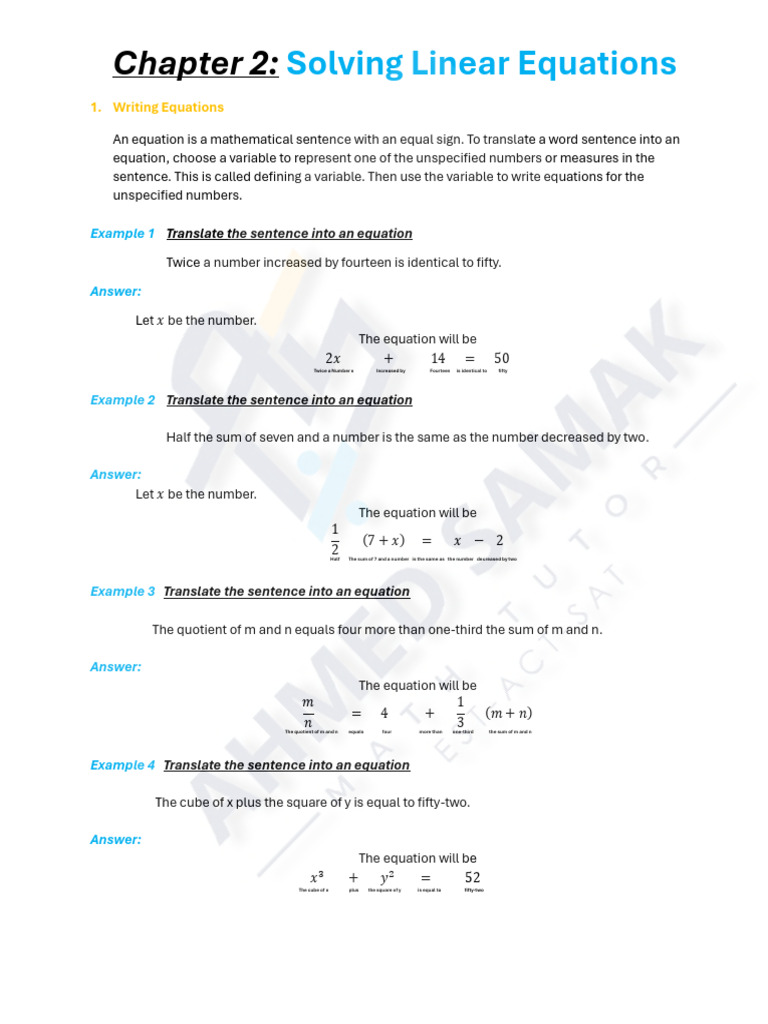 Writing and Solving Linear Equations | PDF | Equations | Variable ...