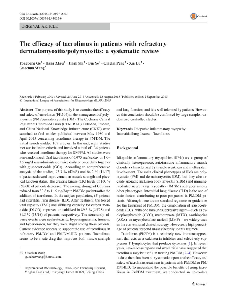 The Efficacy of Tacrolimus in Patients With Refractory Dermatomyositis ...
