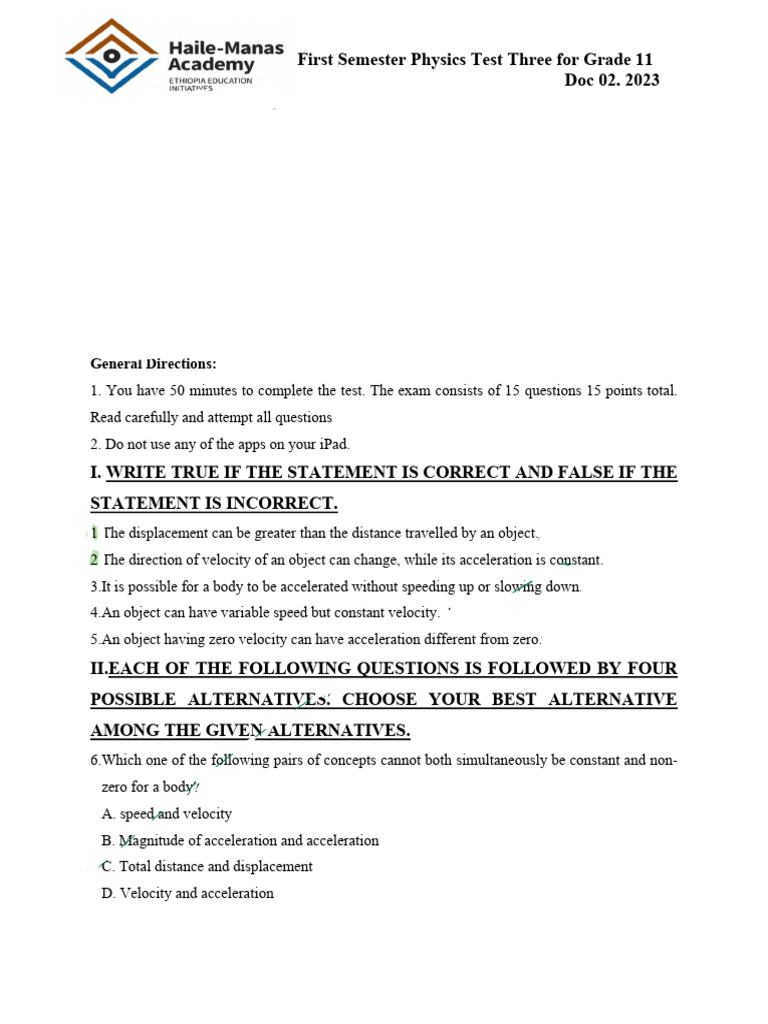 Grade 11 Physics Test: Semester 1 Exam | PDF | Velocity | Acceleration