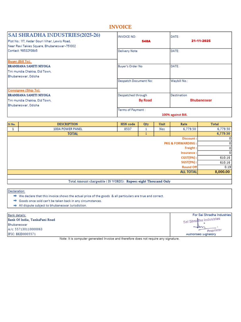 Invoice for 100A Power Panel Sale | PDF | Invoice | Business Documents