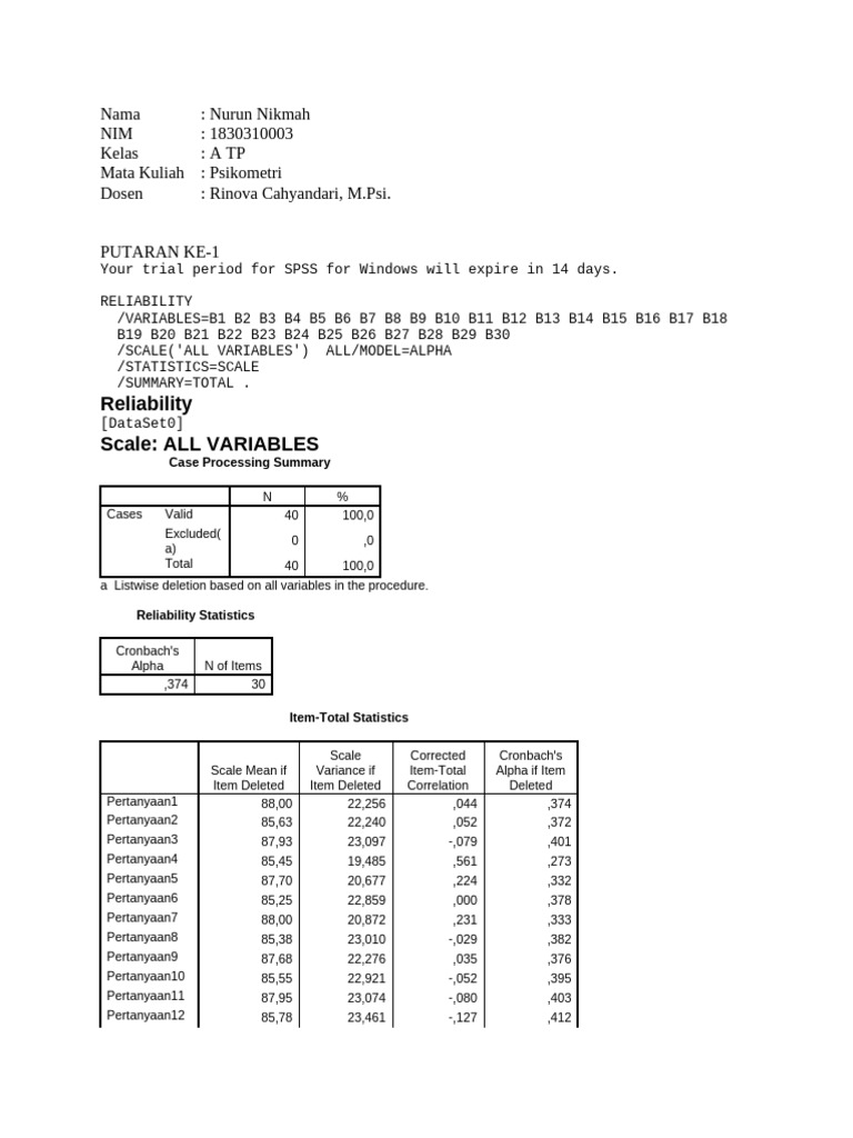 SPSS Reliability Analysis Results | PDF | Variance | Statistics