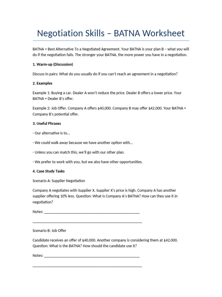 BATNA Worksheet | PDF