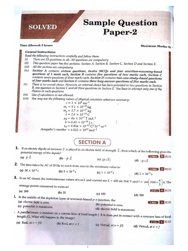 Physics 5 Sample Papers | PDF