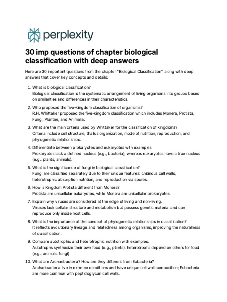 30 Imp Questions of Chapter Biological Classificat | PDF | Fungus ...